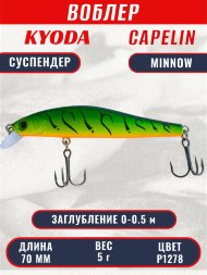 Воблер KYODA Capelin Minnow-70SP длина 7,0 см вес 5.0 гр цвет P1278 заглубление 0-0.5 м